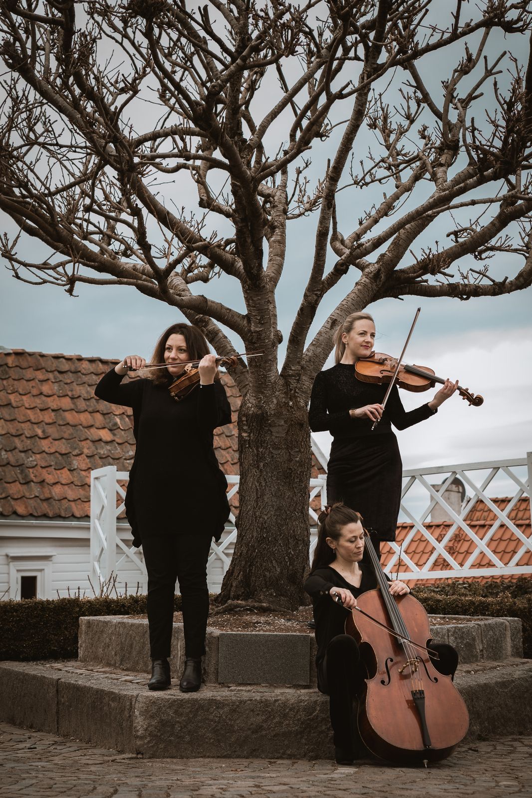 Musikerne i Insimul med instrumenter, fotografert i Gamle Stavanger